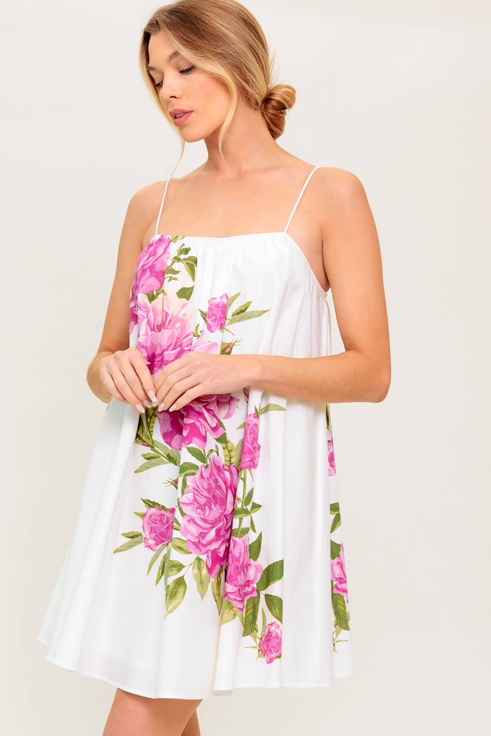 GARDEN WHISPERS PINK FLORAL WOVEN MINI DRESS Flying Tomato